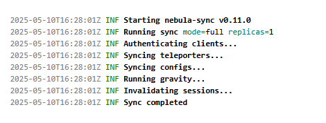 Nebula-sync logs showing successful sync