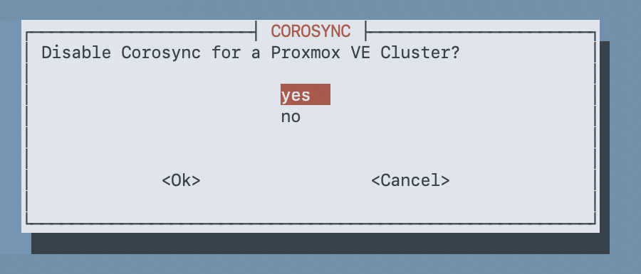 Whiptail dialog asking whether to disable Corosync for a Proxmox VE cluster, with yes selected