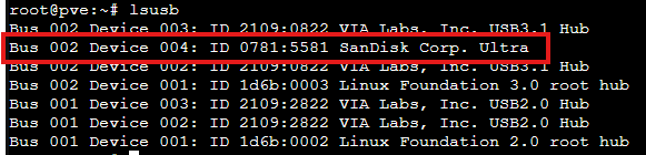 Terminal output of lsusb command showing USB devices with SanDisk Ultra highlighted