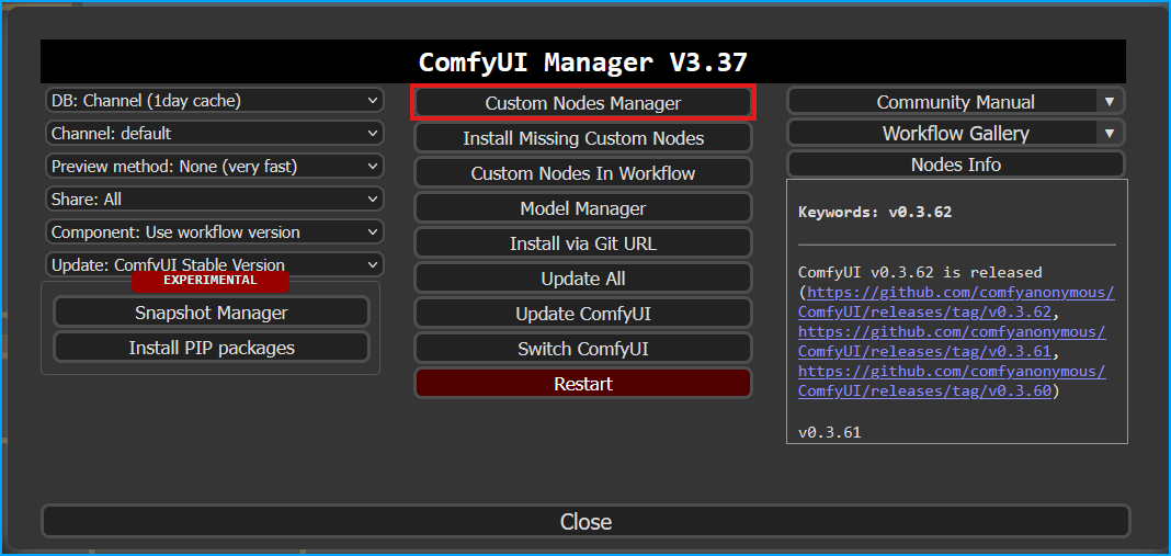 ComfyUI Manager Custom Nodes Manager Button