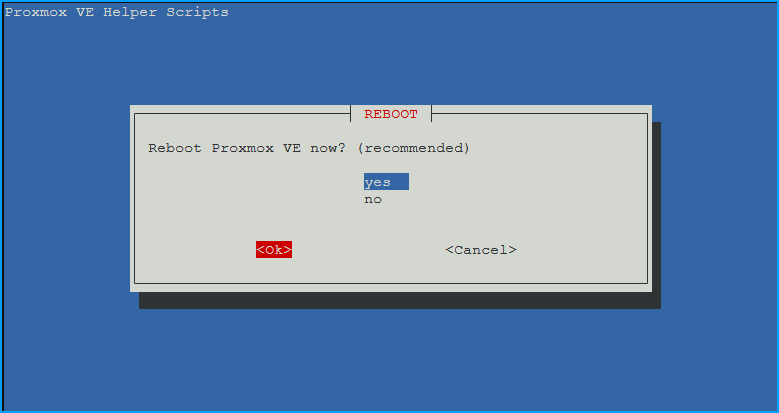 Dialog asking to reboot Proxmox VE with yes selected