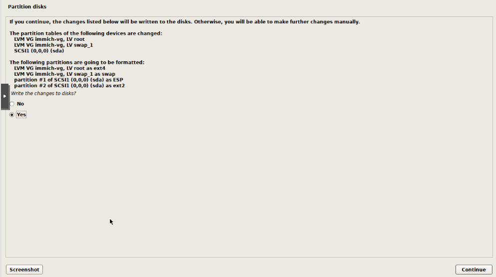 Debian installer final disk write confirmation showing LVM partitions to be formatted with Yes selected