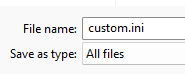 Windows Notepad Save As dialog with File name set to custom.ini and Save as type set to All files