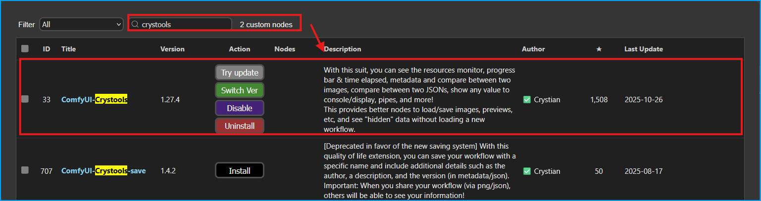 Crystools Custom Node Search Results in ComfyUI Manager