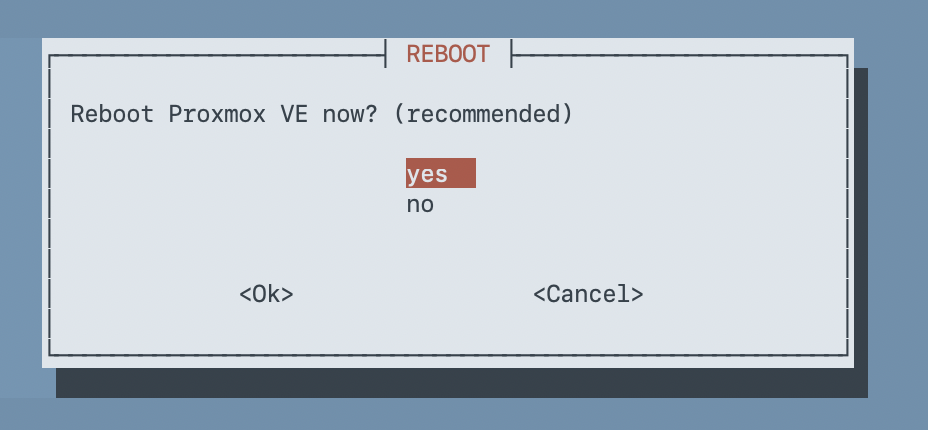 Whiptail dialog asking whether to reboot Proxmox VE now with recommended noted, yes selected