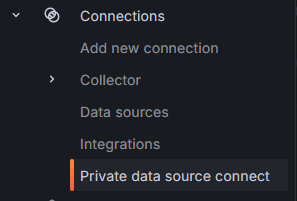 Grafana sidebar menu showing Private data source connect option