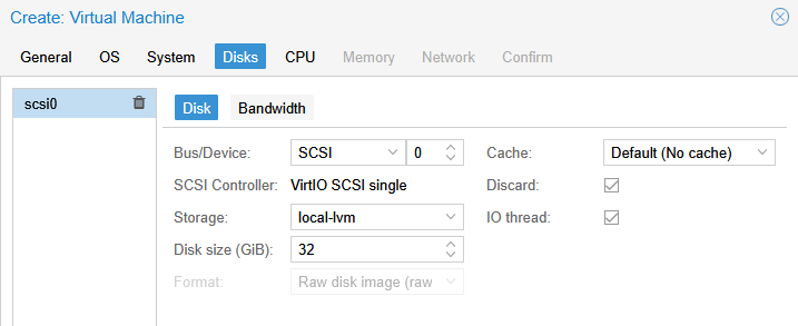 Proxmox Create VM Disks tab showing SCSI bus, local-lvm storage, 32 GiB disk size with Discard and IO thread enabled