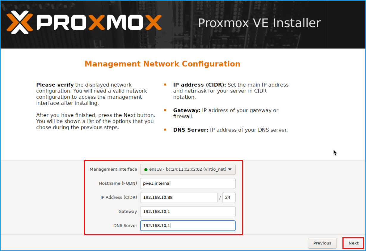 Proxmox VE Installer network configuration screen showing Management Interface, Hostname, IP Address, Gateway, and DNS Server fields