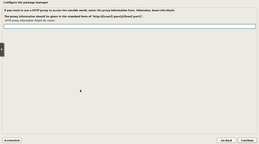 Debian installer HTTP proxy configuration with the field left blank