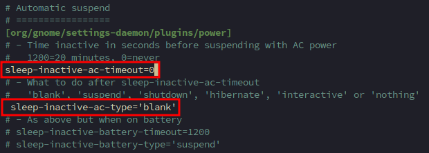 Terminal showing nano editor with gdm3 greeter.dconf-defaults file with sleep-inactive-ac-timeout set to 0 and sleep-inactive-ac-type set to blank, highlighted with red boxes