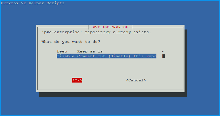 Dialog showing options to keep or disable the pve-enterprise repository, with disable selected