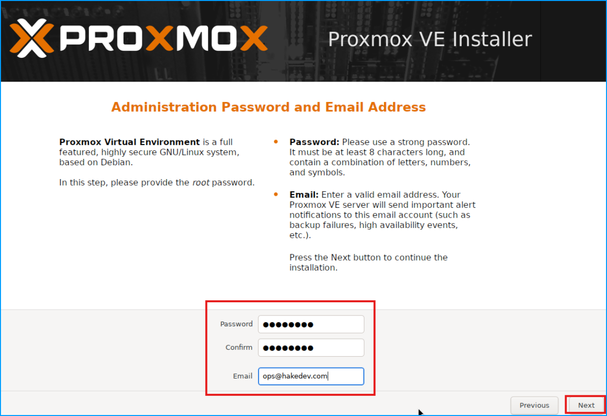 Proxmox VE Installer Administration Password and Email Address screen