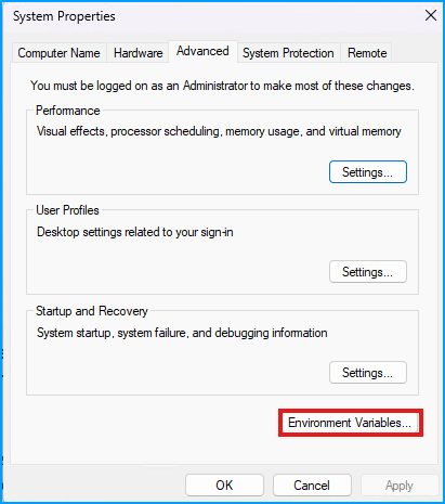 System Properties Environment Variables