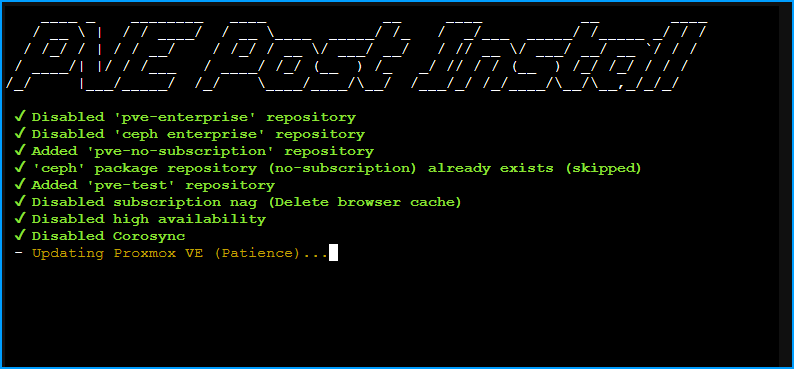 Terminal showing post-install script progress with green checkmarks for all completed steps and currently updating Proxmox VE
