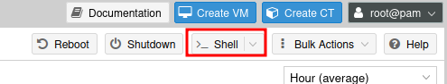 Proxmox web interface top bar showing the Shell button in the top right corner
