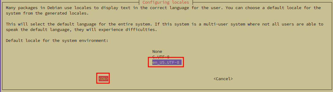 Terminal showing system default locale configuration screen with en_US.UTF-8 selected