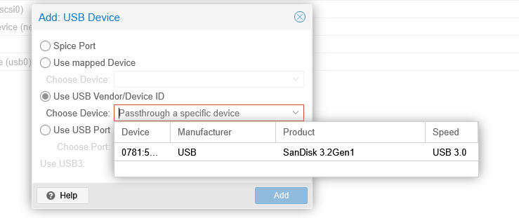 Proxmox Add USB Device dialog with Use USB Vendor/Device ID selected