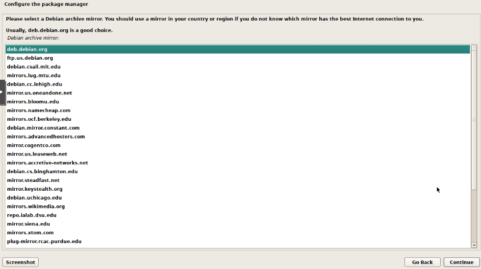 Debian installer archive mirror selection with deb.debian.org highlighted at the top of the list