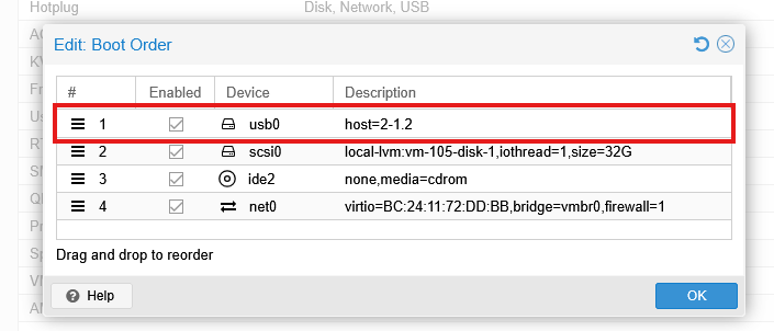 Proxmox Edit Boot Order dialog showing usb0 as device 1