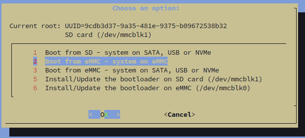 Armbian install dialog showing boot options with option 2 'Boot from eMMC - system on eMMC' highlighted in blue