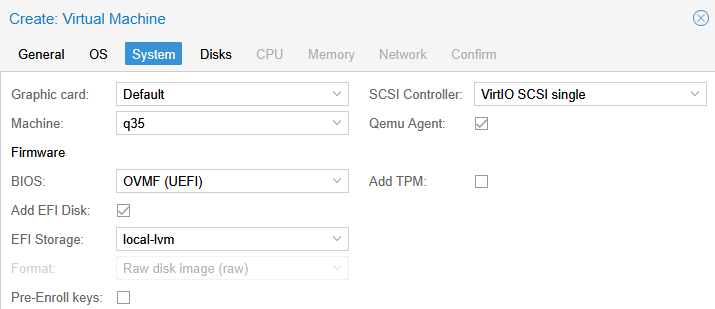 Proxmox Create VM System tab showing q35 machine, OVMF UEFI BIOS, VirtIO SCSI controller, and Qemu Agent enabled