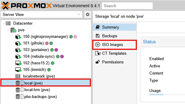 Proxmox VE web interface sidebar with local (pve) storage selected and ISO Images option highlighted