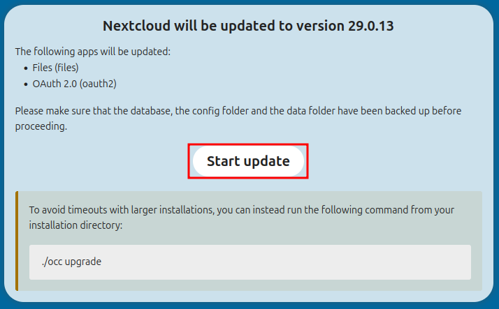 Nextcloud Start update confirmation page