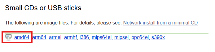 Debian website download page showing architecture options with amd64 highlighted for the netinst ISO