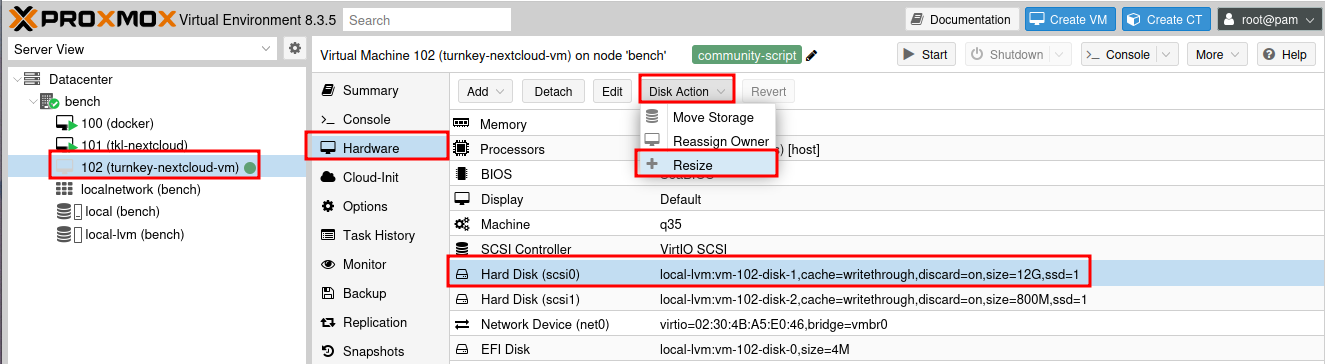 Proxmox Hardware tab with SCSI0 disk selected and Disk Action Resize option highlighted