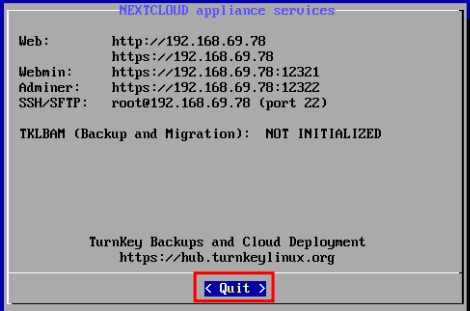 TurnKey Linux Nextcloud appliance services screen