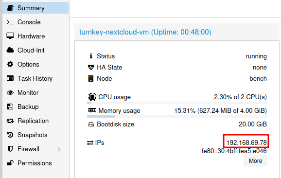 Proxmox VM Summary showing IP address 192.168.69.78 highlighted