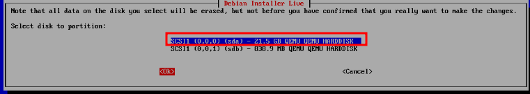 Debian Installer disk selection showing SCSI1 devices with sda as the correct choice