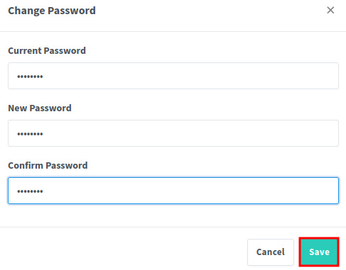 Change Password dialog in NGINX Proxy Manager with fields for Current Password, New Password, and Confirm Password, with Cancel and Save buttons