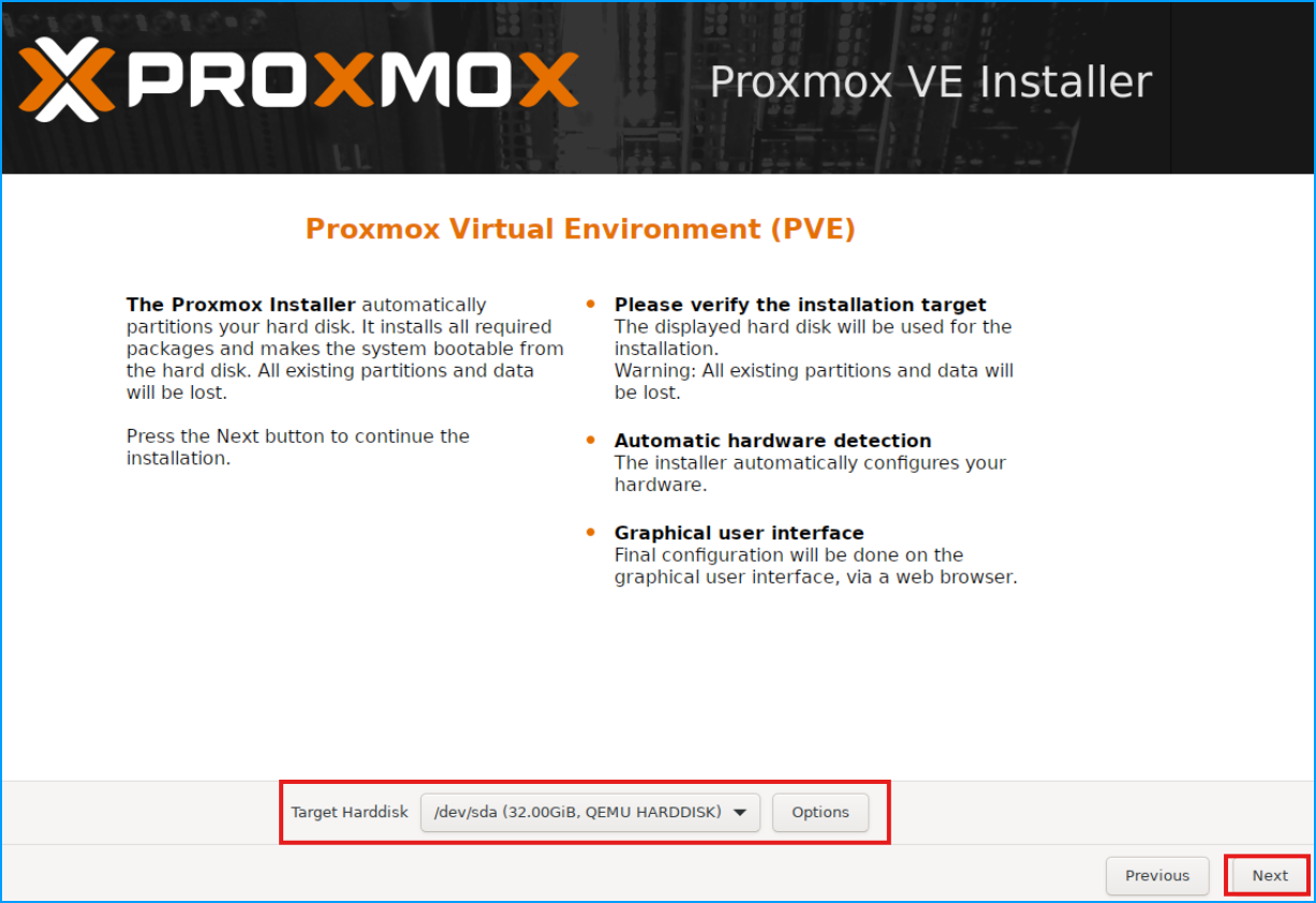 Proxmox VE Installer target disk selection screen showing /dev/sda selected