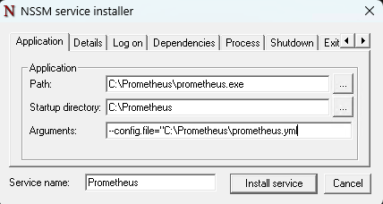 NSSM service installer window with Path set to C:\Prometheus\prometheus.exe, Startup directory C:\Prometheus, Arguments --config.file=C:\Prometheus\prometheus.yml, and Service name Prometheus