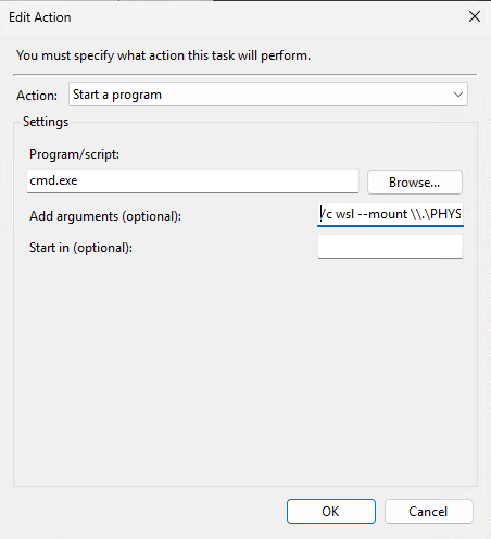 Task Scheduler Edit Action WSL Mount