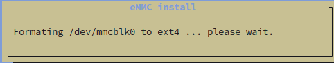 Armbian install dialog showing formatting /dev/mmcblk0 to ext4 with please wait message