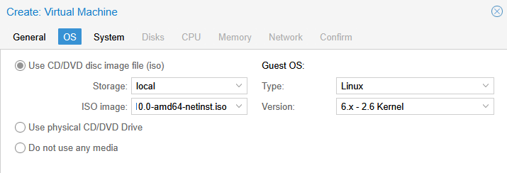 Proxmox Create VM OS tab with Debian netinst ISO selected and Guest OS type set to Linux