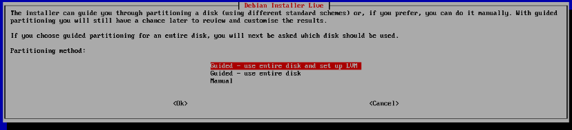 Debian Installer showing Guided LVM partitioning option selected
