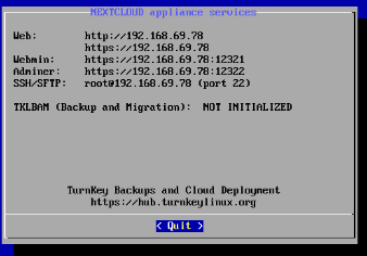 TurnKey Nextcloud Appliance Services summary showing all access URLs