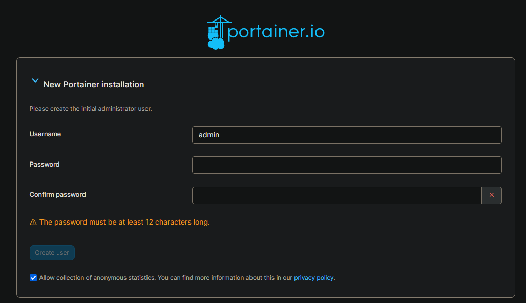 Portainer New Installation Registration Page