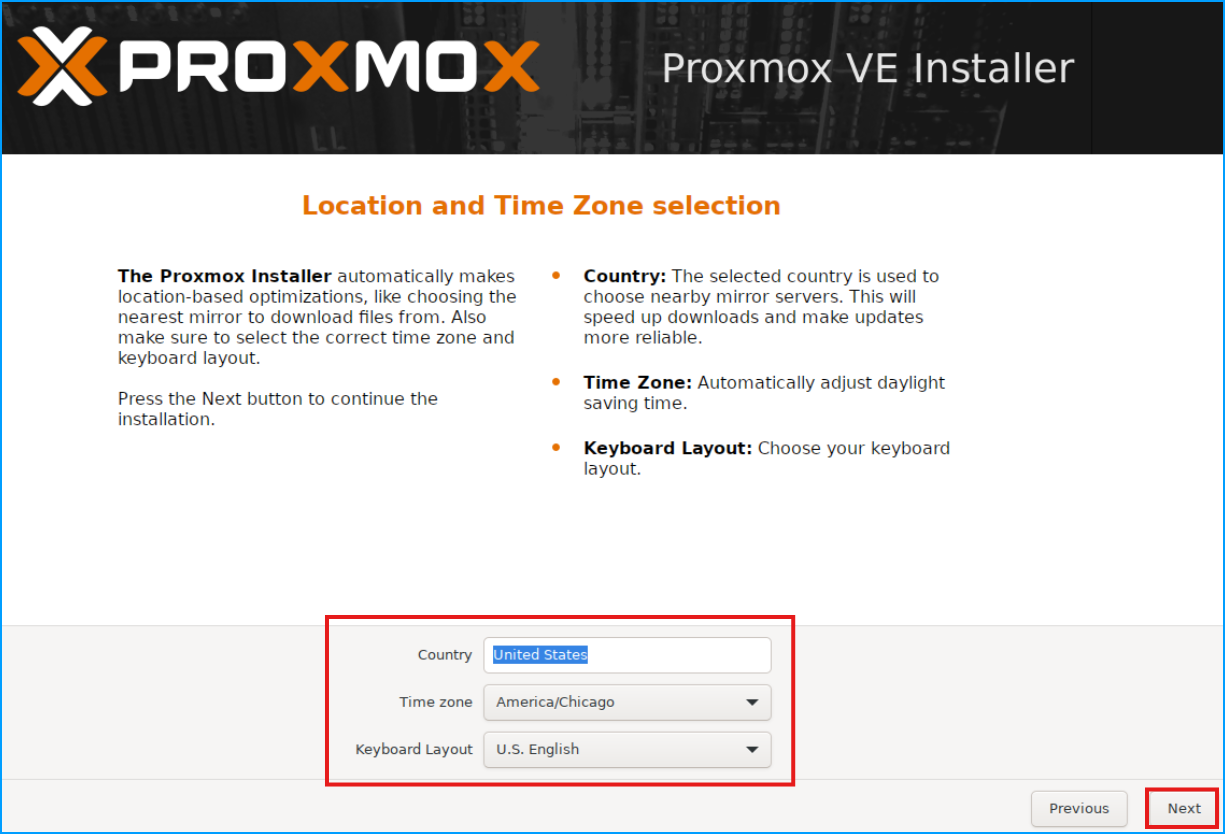 Proxmox VE Installer Location and Time Zone selection screen