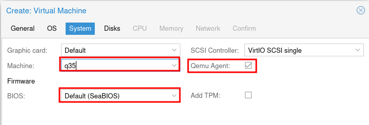 Proxmox Create VM System tab with q35, SeaBIOS, and Qemu Agent enabled