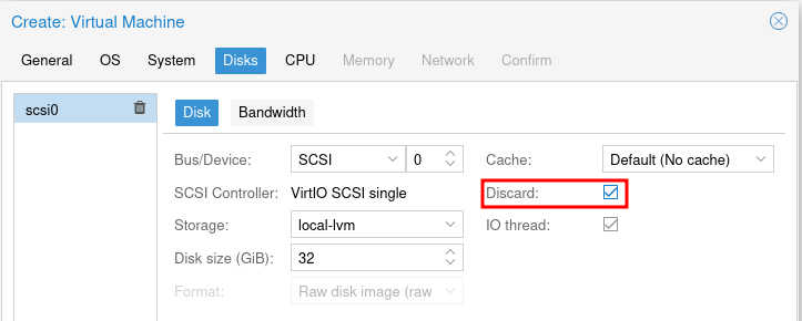 Proxmox Create VM Disks tab with 32GB, Discard enabled