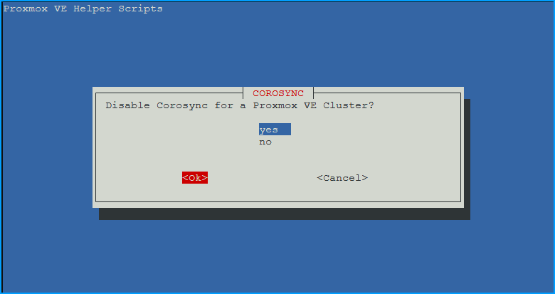 Dialog asking to disable Corosync for a Proxmox VE Cluster with yes selected
