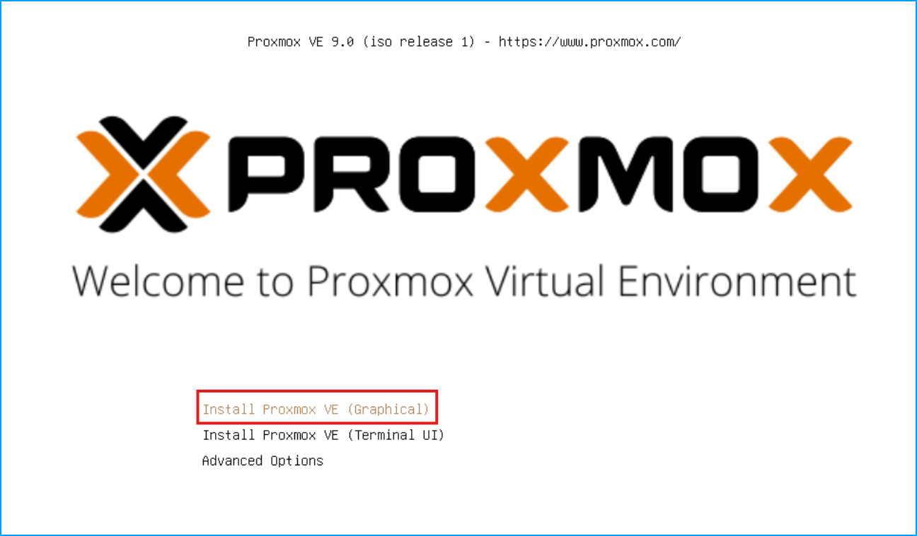 Proxmox VE 9.0 installer boot screen showing options including Install Proxmox VE (Graphical) highlighted at the top