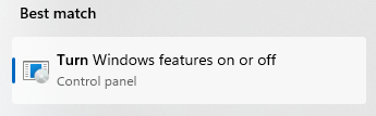 Windows 11 search bar showing 'Turn Windows features on or off' as the best match result under Control Panel