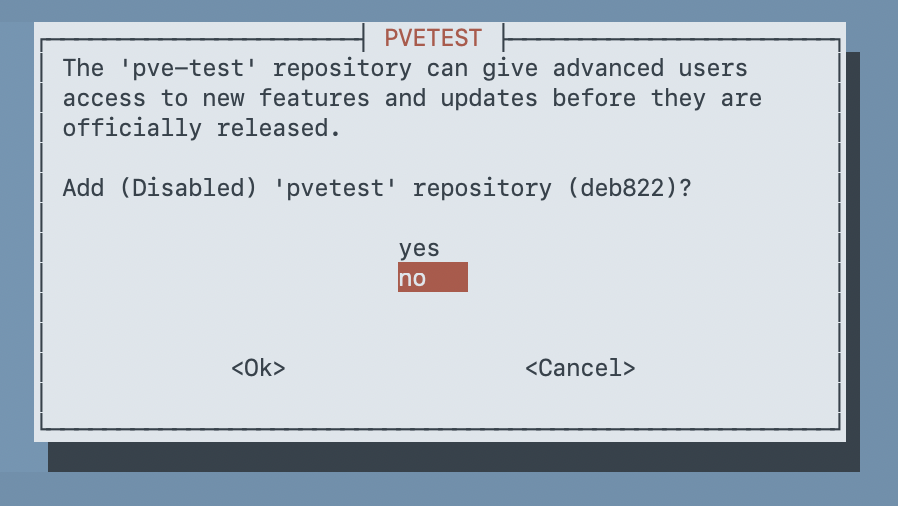Whiptail dialog asking whether to add the pvetest repository in deb822 format, with no selected