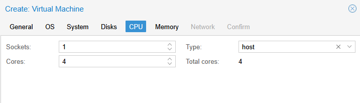 Proxmox Create VM CPU tab showing 1 socket, 4 cores, and host CPU type