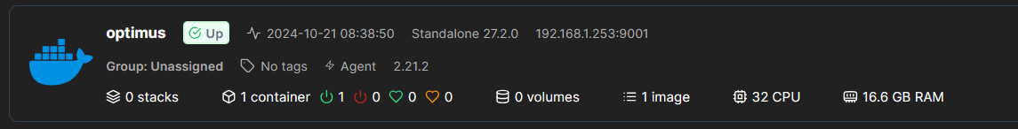 Portainer home showing optimus environment connected